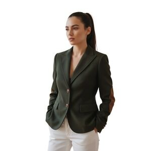 ZARA Basic Green Blazer Elbow Patch Button Front Tailored Jacket Office/ Casual